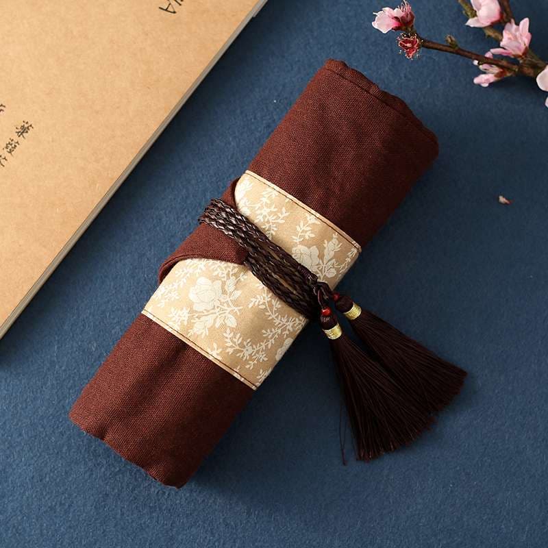 革ペンケース 花柄リボン付き和風筆入れ