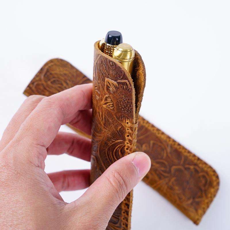 革ペンケース 花柄型押し革製ペンケース